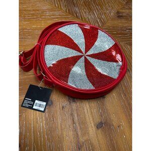Red & Silver Glitter Peppermint Round Crossbody Bag With Adjustable Strap